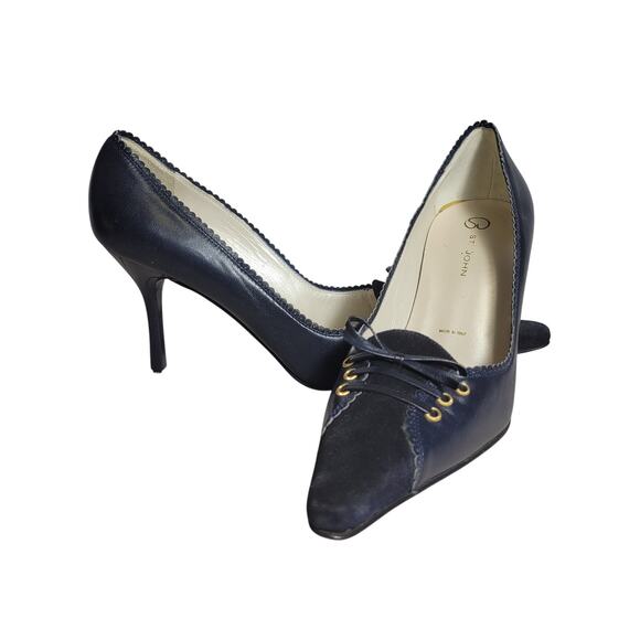 St. John Vero Cuoio Heels Pointed Toe Womens 8.5B Navy Laces Suede Bow Leather - Picture 1 of 8